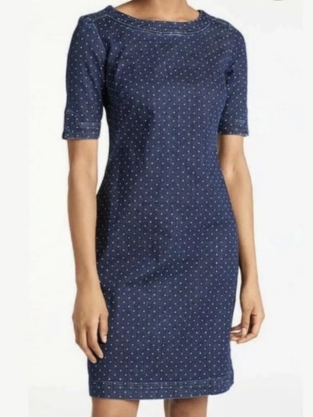 Boden Rhea Denim Sheath Dress Size 6 Blue Polka Dot Short-Sleeve Retro Washed